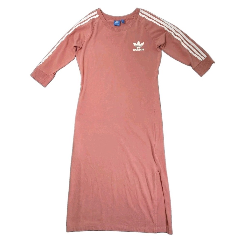 Adidas Women's 3-Stripe Trefoil Midi Dress 3/4 Sleeve Pink Large Sporty Pullover